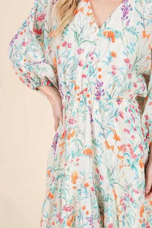 Lime 'N' Chili Floral Cinched Waist Balloon Sleeve V-Neck Dress - Image 4
