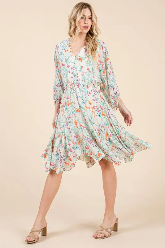 Lime 'N' Chili Floral Cinched Waist Balloon Sleeve V-Neck Dress - Image 5