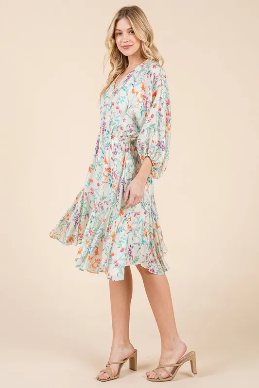 Lime 'N' Chili Floral Cinched Waist Balloon Sleeve V-Neck Dress - Image 6