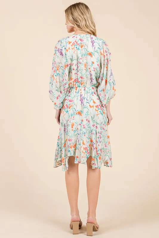 Lime 'N' Chili Floral Cinched Waist Balloon Sleeve V-Neck Dress - Image 7
