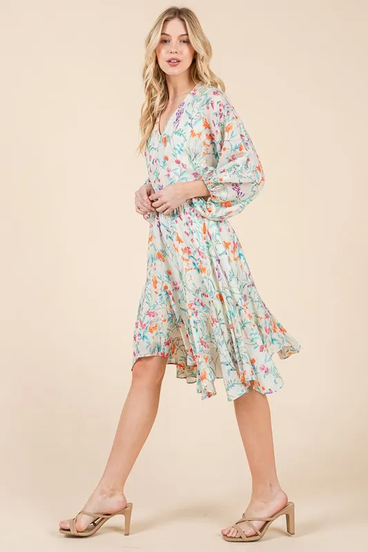 Lime 'N' Chili Floral Cinched Waist Balloon Sleeve V-Neck Dress - Image 8