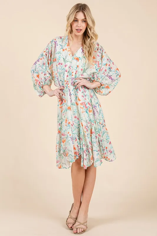 Lime 'N' Chili Floral Cinched Waist Balloon Sleeve V-Neck Dress - Image 9