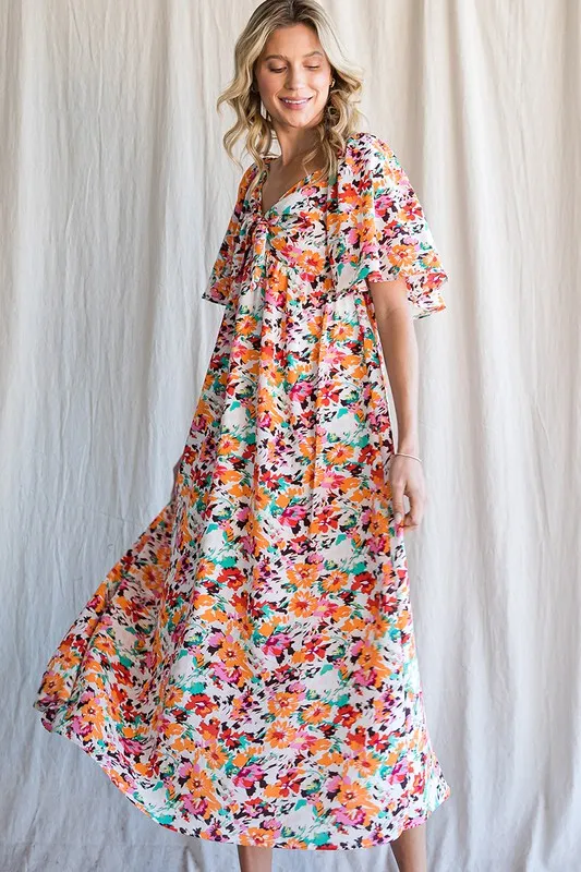 Lime 'N' Chili Floral Print Sweetheart Neck Tie Front Midi Dress - Image 3