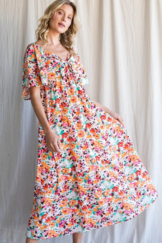 Lime 'N' Chili Floral Print Sweetheart Neck Tie Front Midi Dress - Image 4