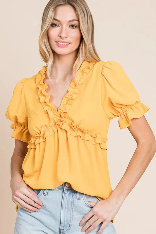 Lime 'N' Chili Solid Ruffled Deep V-Neck Puff Sleeve Babydoll Top