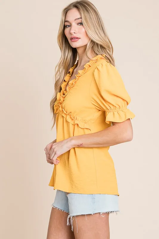 Lime 'N' Chili Solid Ruffled Deep V-Neck Puff Sleeve Babydoll Top - Image 2