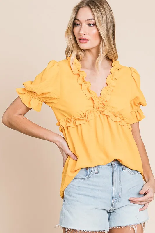 Lime 'N' Chili Solid Ruffled Deep V-Neck Puff Sleeve Babydoll Top - Image 3