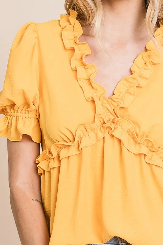 Lime 'N' Chili Solid Ruffled Deep V-Neck Puff Sleeve Babydoll Top - Image 4