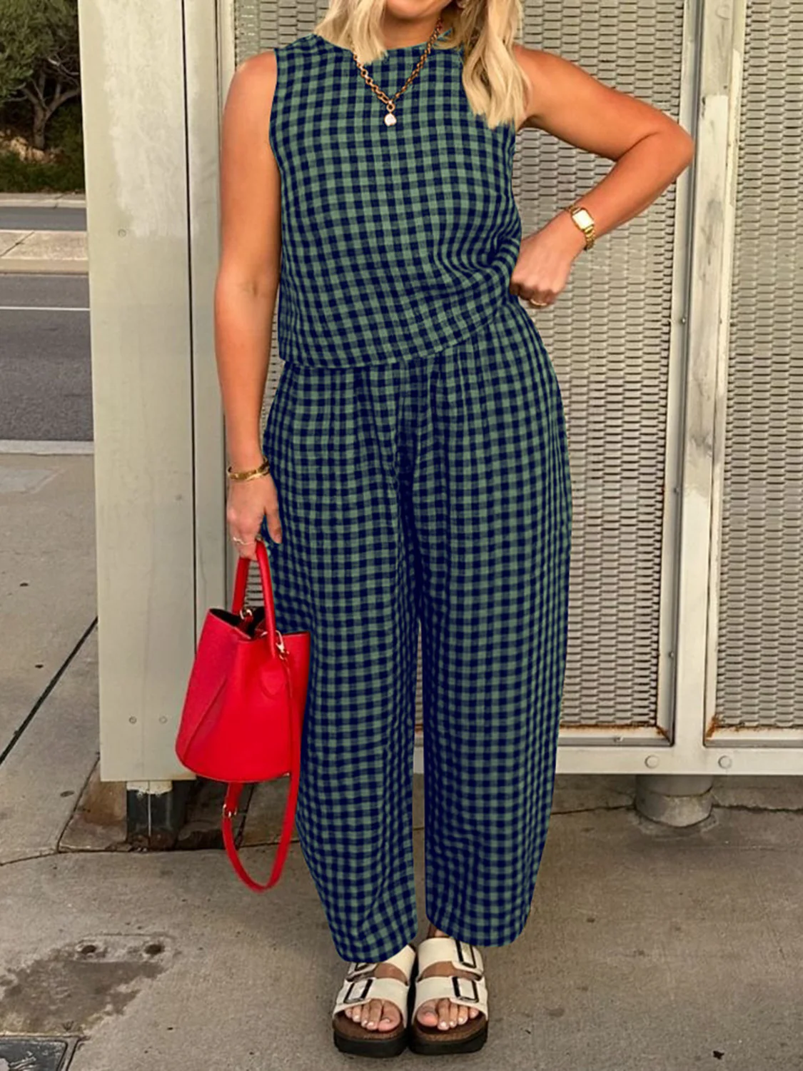 Lovelet Plaid Round Neck Sleeveless Top and Pants Set - Image 11