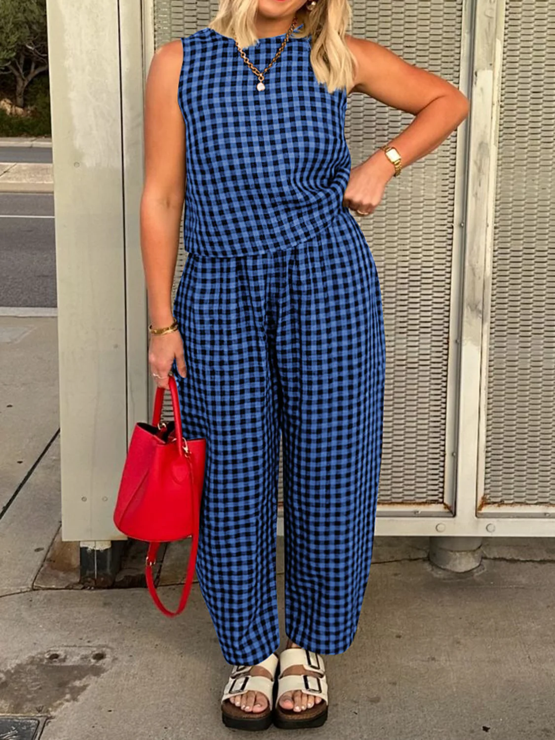 Lovelet Plaid Round Neck Sleeveless Top and Pants Set - Image 15