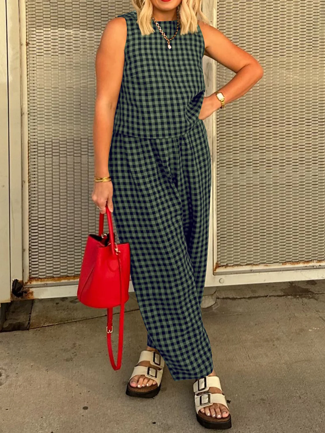 Lovelet Plaid Round Neck Sleeveless Top and Pants Set - Image 18