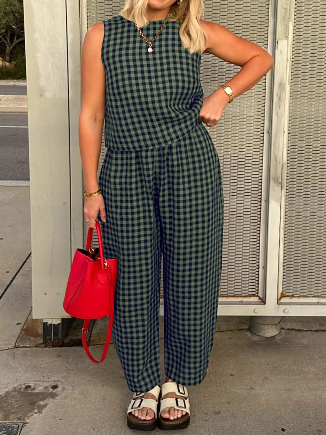 Lovelet Plaid Round Neck Sleeveless Top and Pants Set - Image 19
