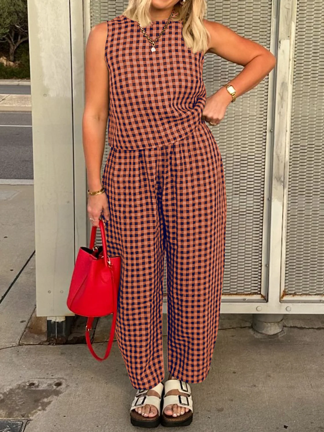 Lovelet Plaid Round Neck Sleeveless Top and Pants Set - Image 5