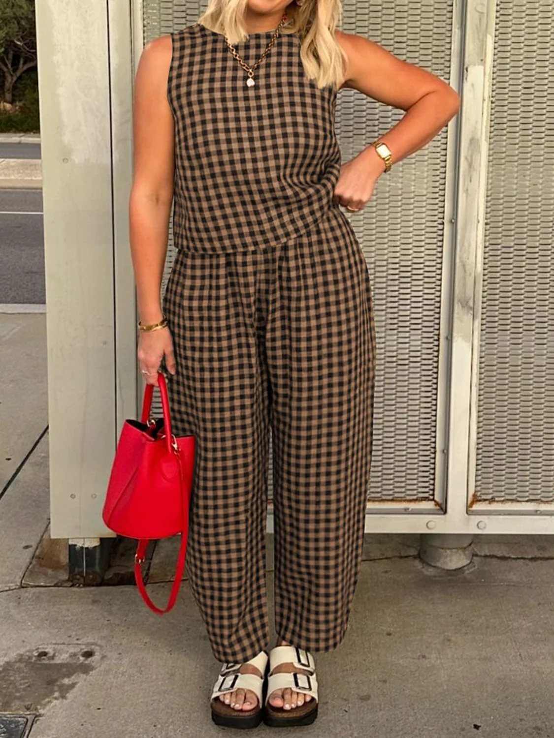 Lovelet Plaid Round Neck Sleeveless Top and Pants Set - Image 6
