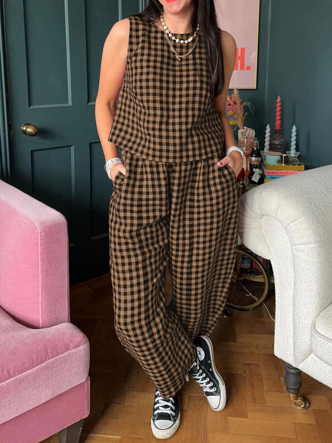 Lovelet Plaid Round Neck Sleeveless Top and Pants Set - Image 7