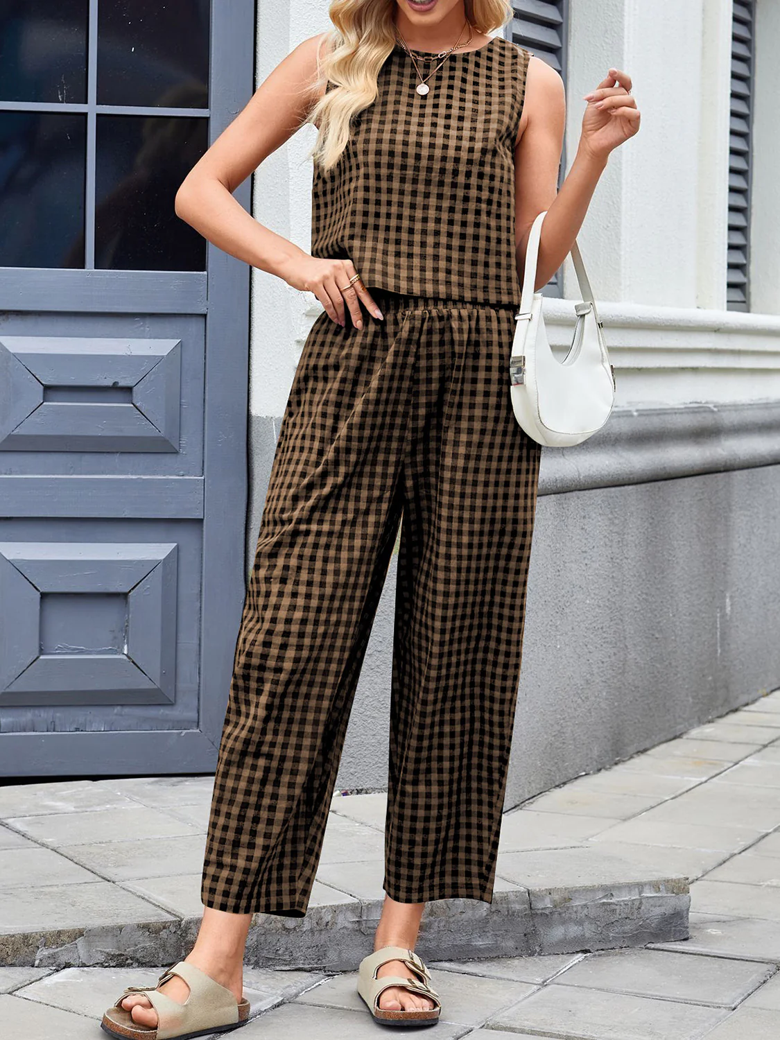 Lovelet Plaid Round Neck Sleeveless Top and Pants Set - Image 9