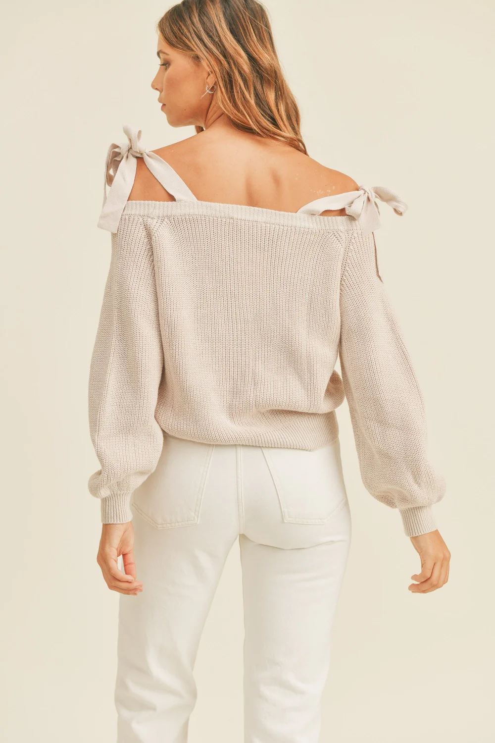 MABLE Off Shoulder Self Tie Strap Button Down Sweater - Image 2