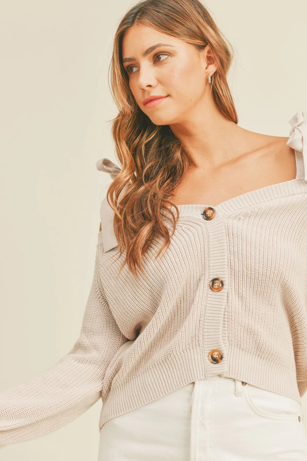 MABLE Off Shoulder Self Tie Strap Button Down Sweater - Image 3