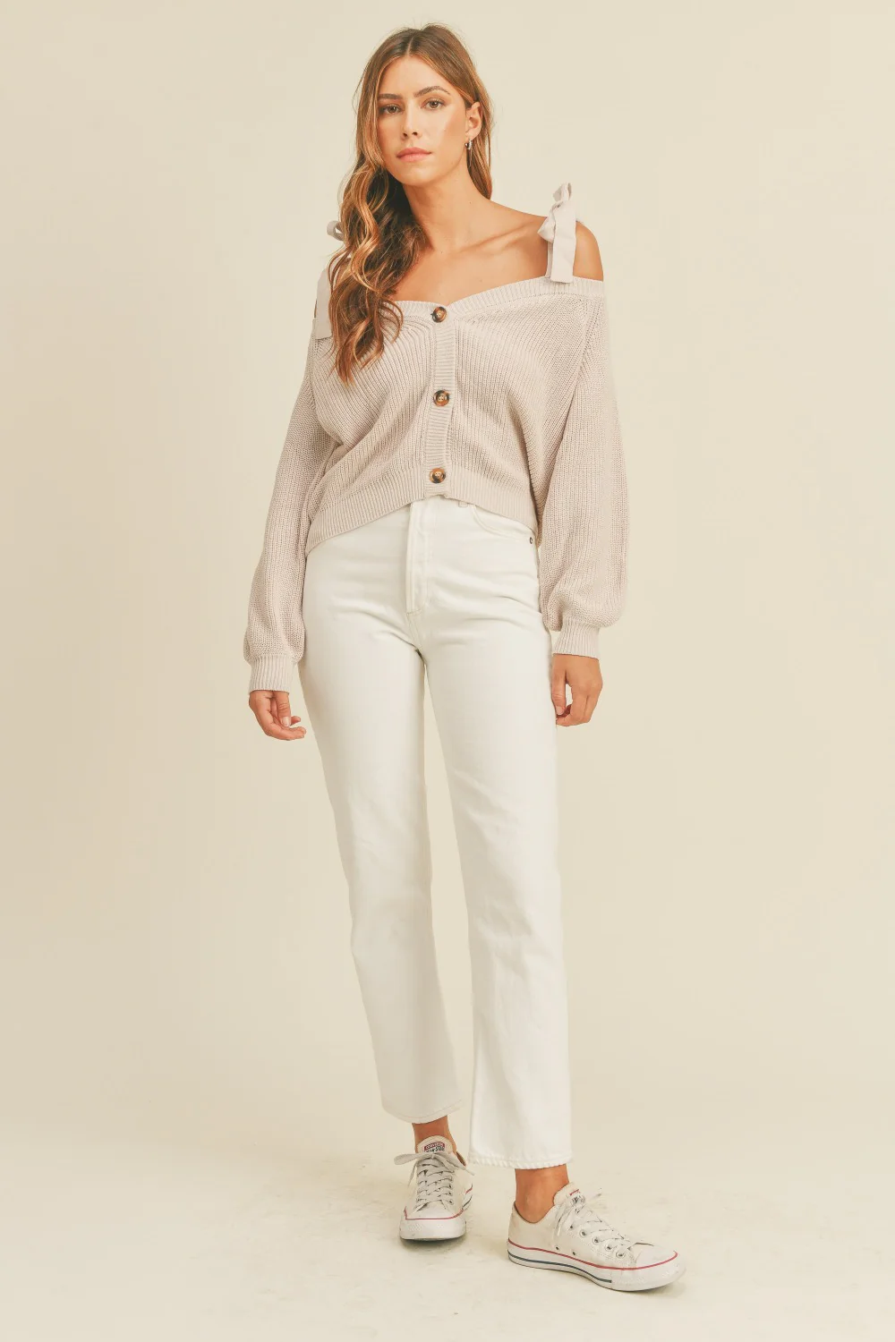 MABLE Off Shoulder Self Tie Strap Button Down Sweater - Image 4