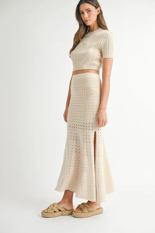 MABLE Pointelle Short Sleeve Crop Top and Slit Skirt Sweater Set - Image 4