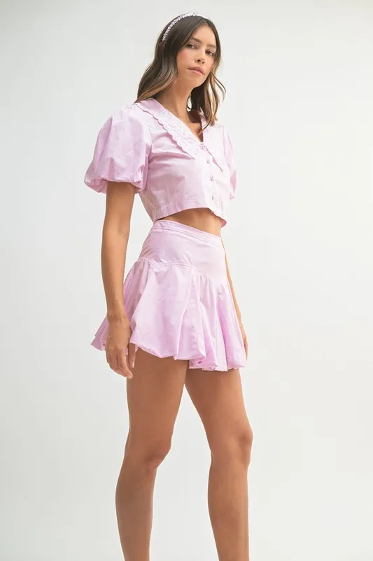 MABLE Puff Sleeve Button Down Top and Bubble Skirt Set - Image 5