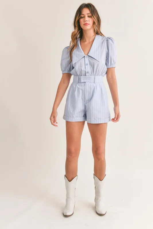 MABLE Striped Puff Sleeve Collared Neck Romper - Image 5