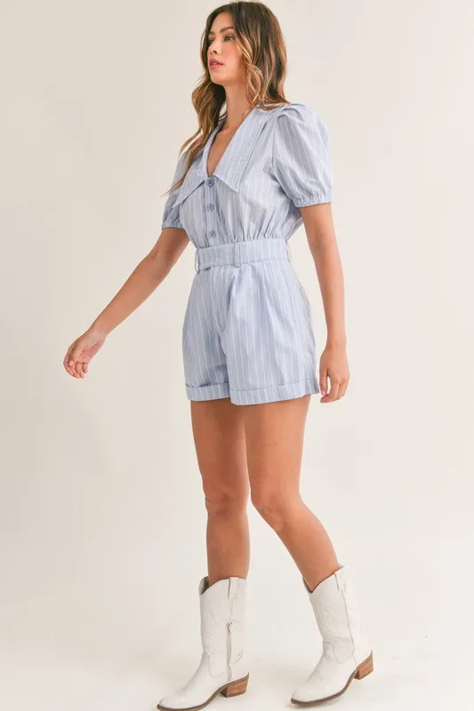 MABLE Striped Puff Sleeve Collared Neck Romper - Image 7