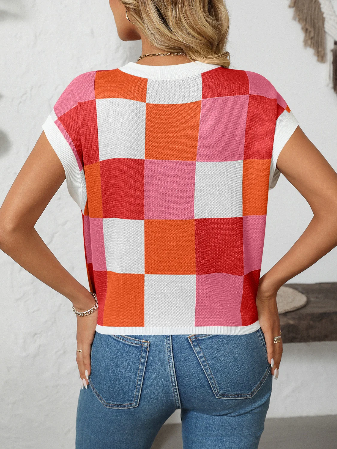 Mandy Checkered Round Neck Cap Sleeve Knit Top - Image 12