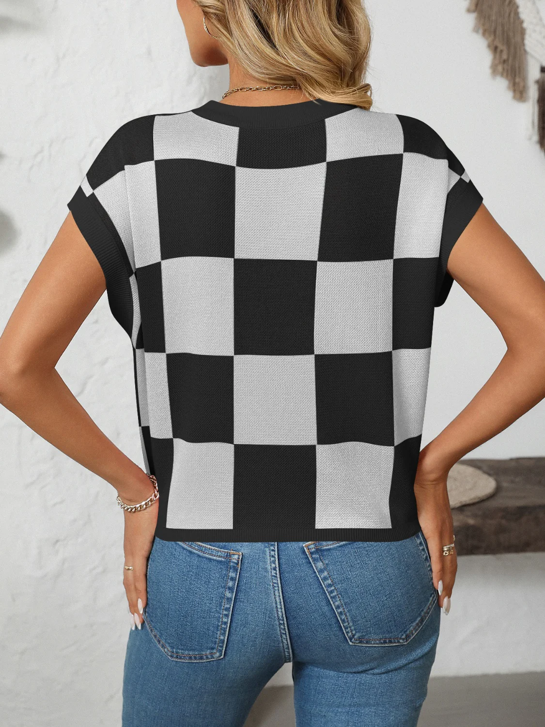 Mandy Checkered Round Neck Cap Sleeve Knit Top - Image 13