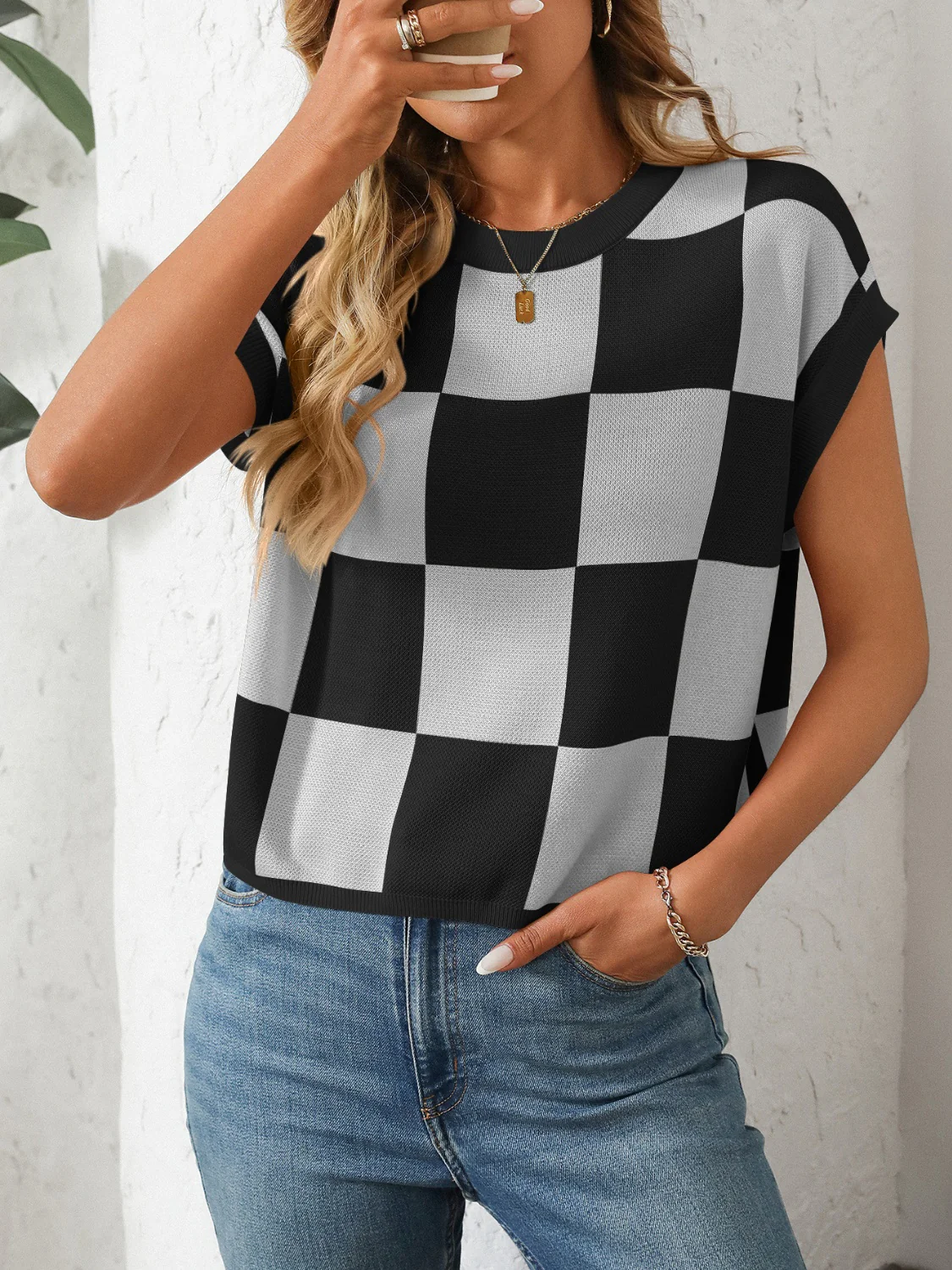 Mandy Checkered Round Neck Cap Sleeve Knit Top - Image 15