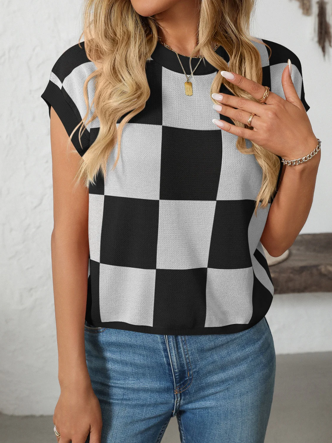 Mandy Checkered Round Neck Cap Sleeve Knit Top - Image 17