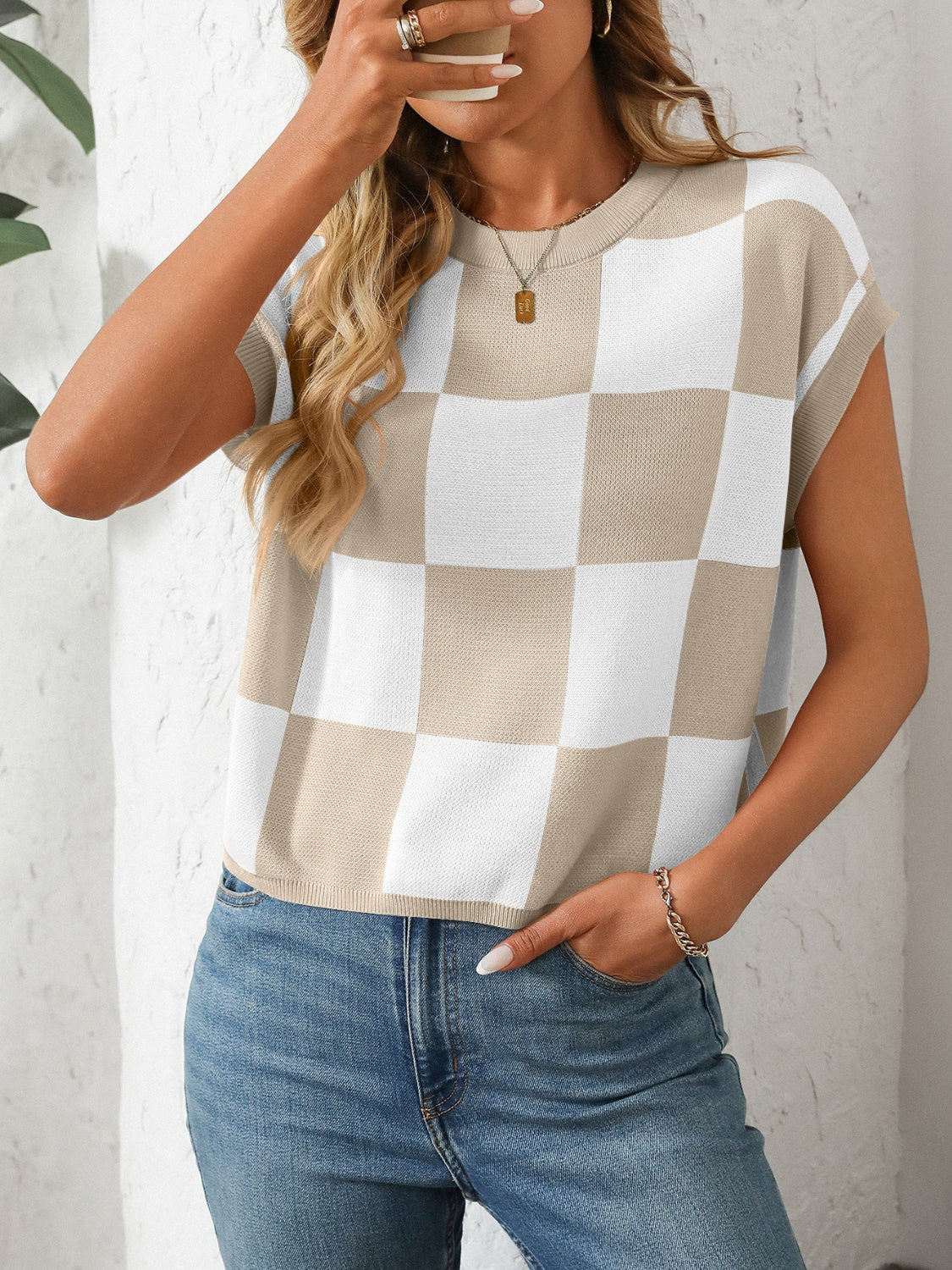 Mandy Checkered Round Neck Cap Sleeve Knit Top - Image 18