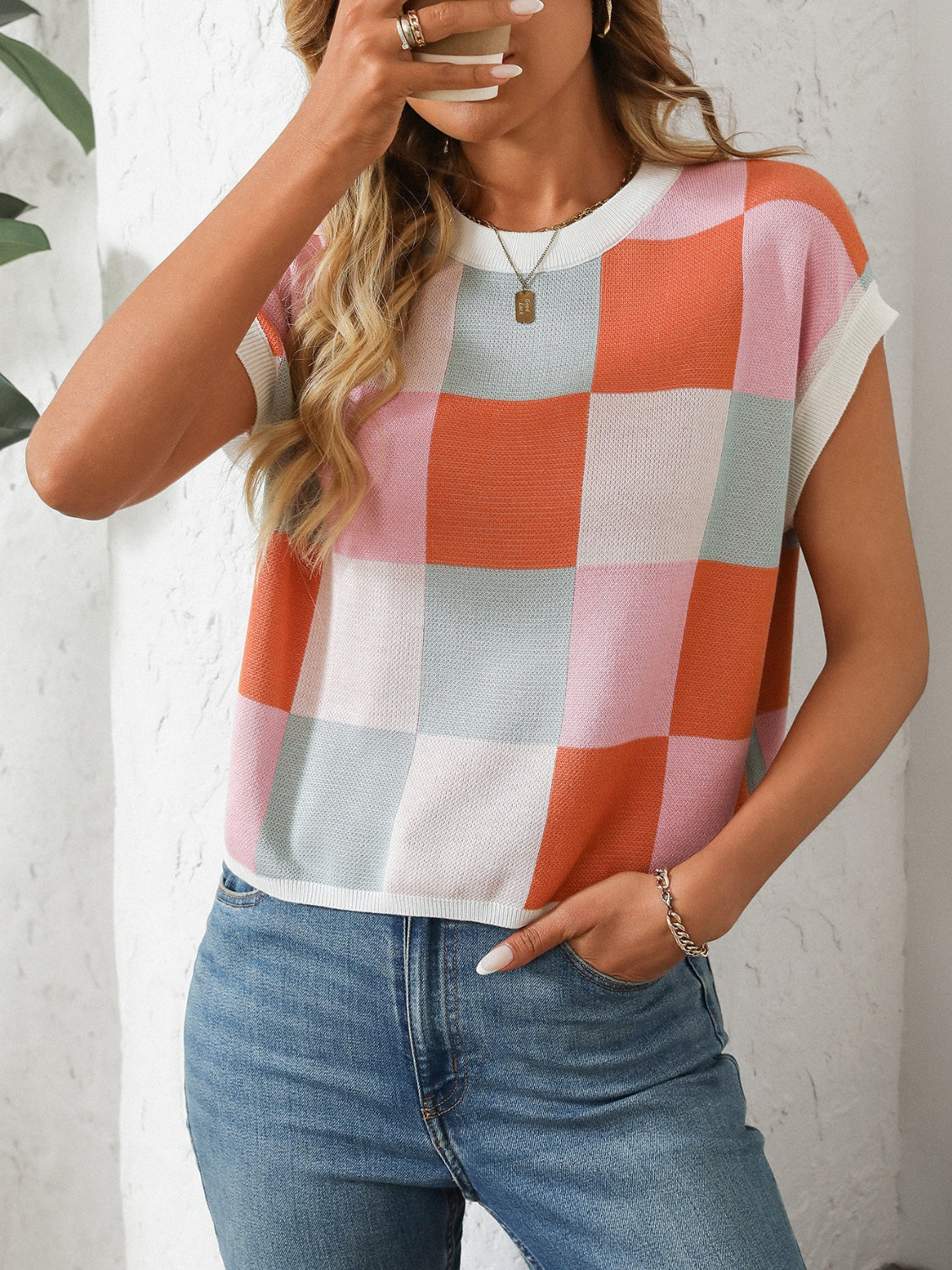 Mandy Checkered Round Neck Cap Sleeve Knit Top - Image 2