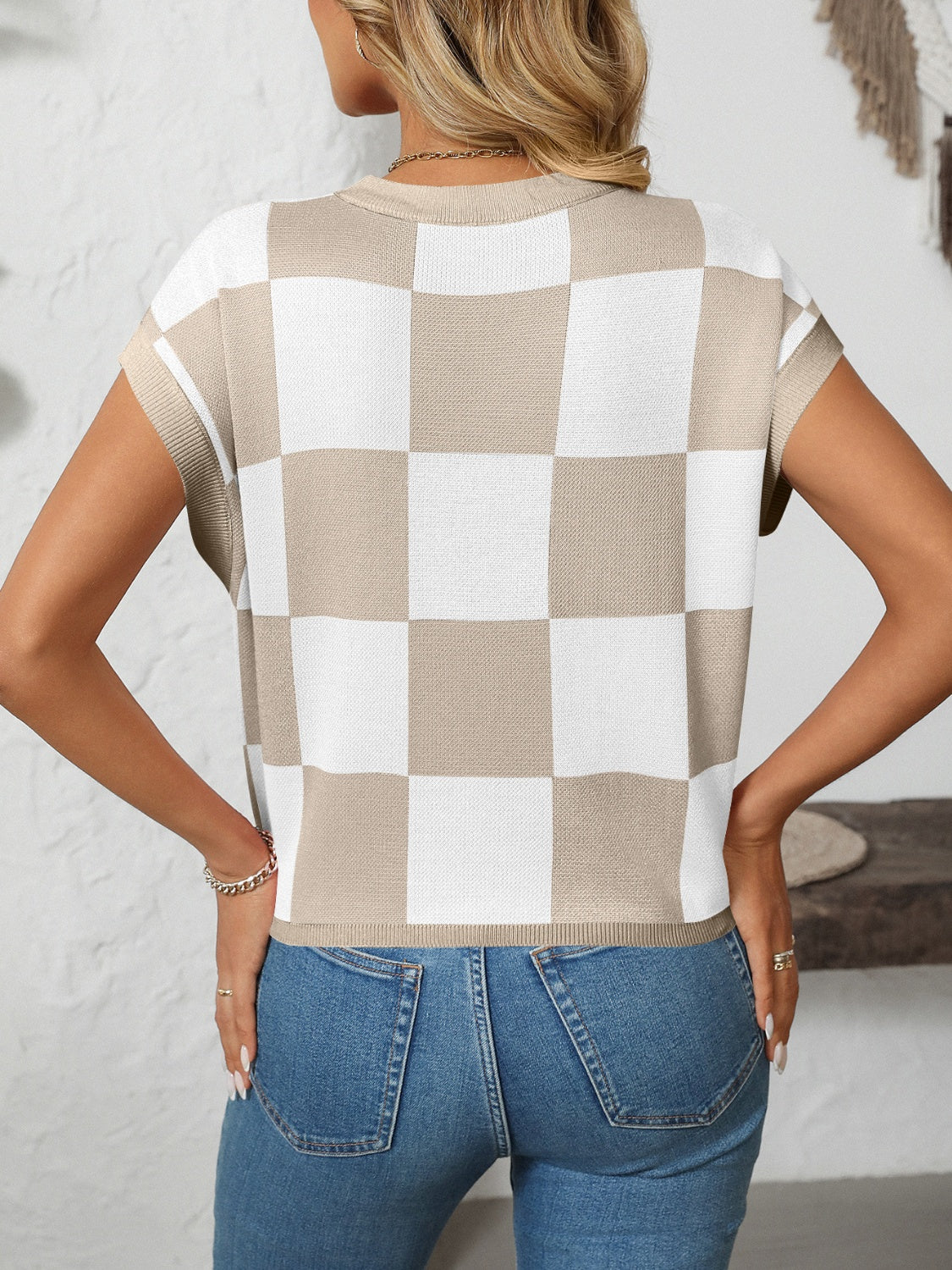 Mandy Checkered Round Neck Cap Sleeve Knit Top - Image 20