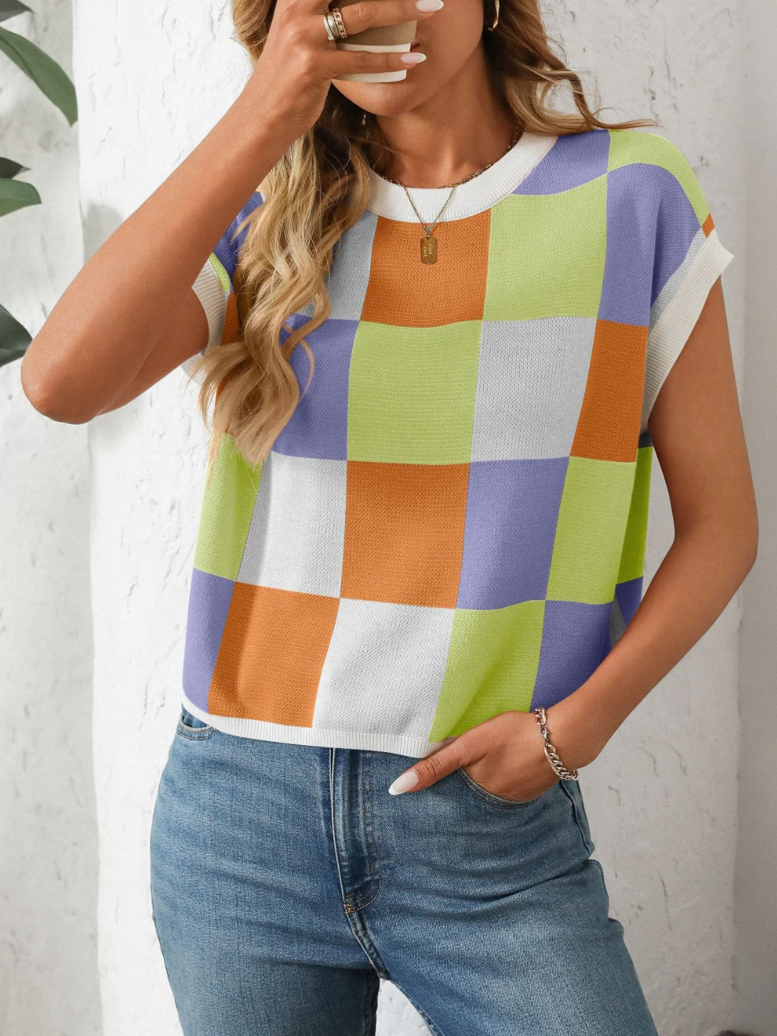 Mandy Checkered Round Neck Cap Sleeve Knit Top - Image 23