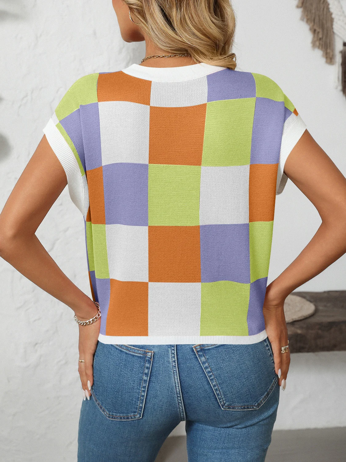 Mandy Checkered Round Neck Cap Sleeve Knit Top - Image 24