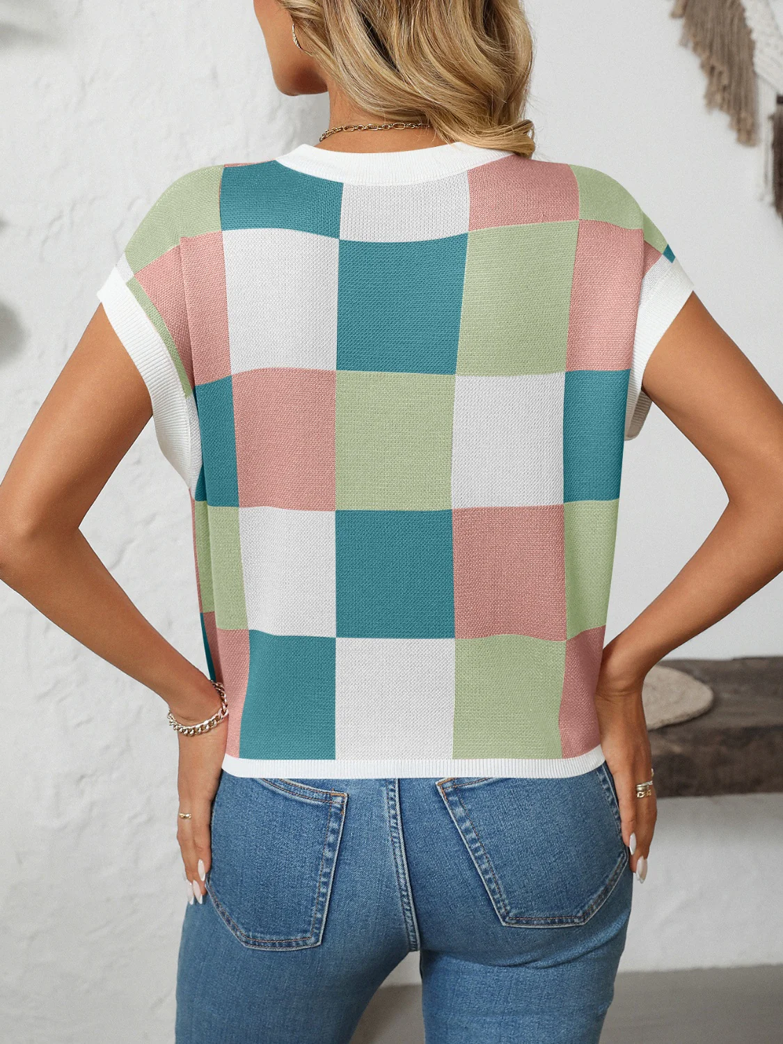 Mandy Checkered Round Neck Cap Sleeve Knit Top - Image 28