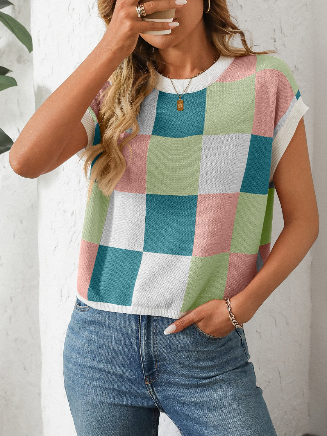 Mandy Checkered Round Neck Cap Sleeve Knit Top - Image 32