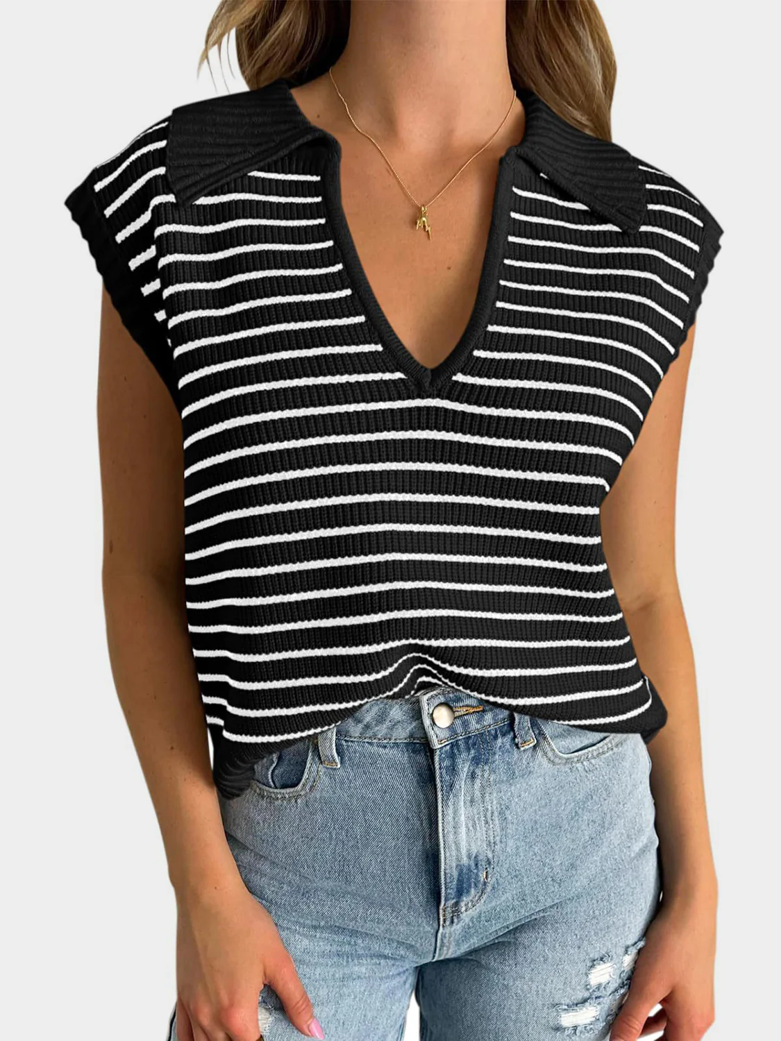 Mandy Collared Neck Striped Sweater Vest - Image 4