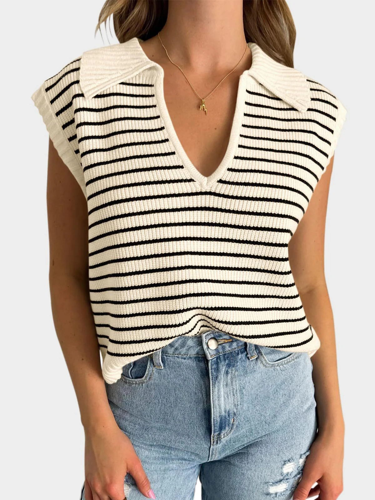 Mandy Collared Neck Striped Sweater Vest - Image 7