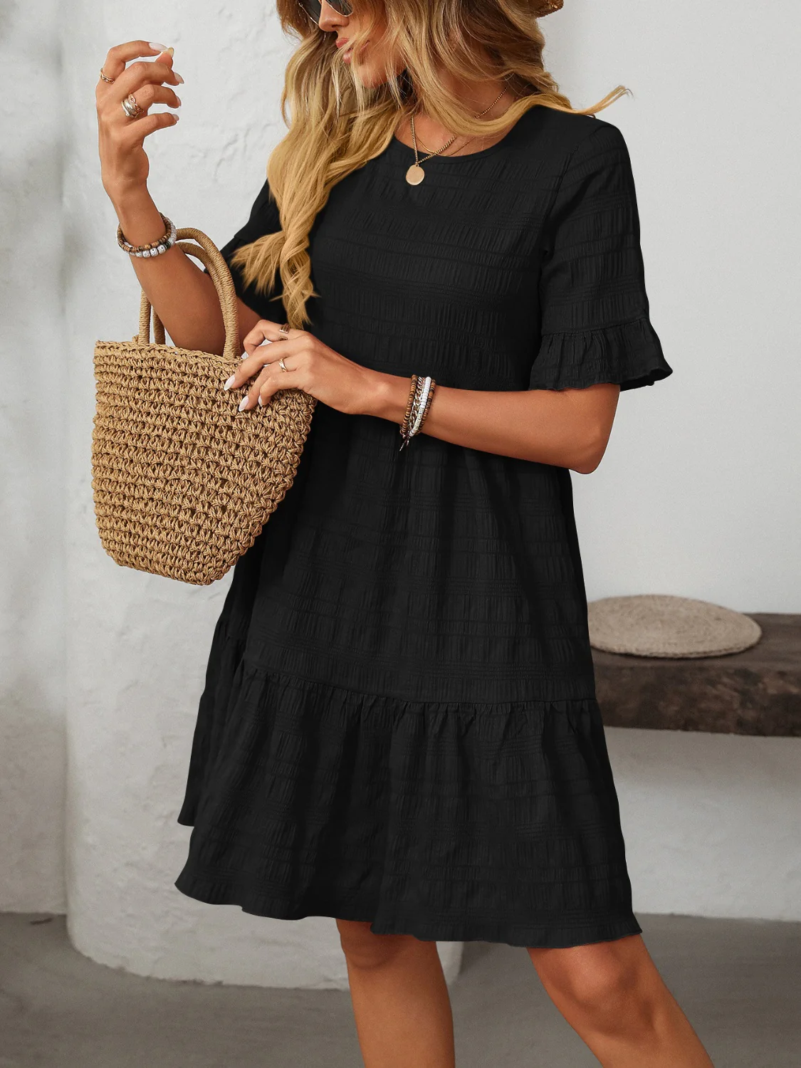 Mandy Ruffled Ruched Round Neck Half Sleeve Dress - Image 10