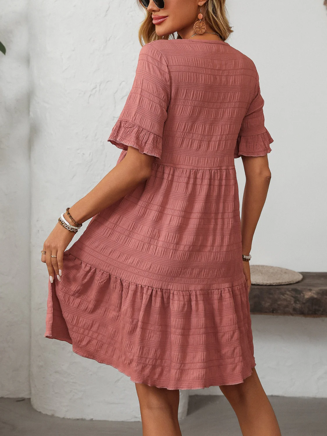 Mandy Ruffled Ruched Round Neck Half Sleeve Dress - Image 2
