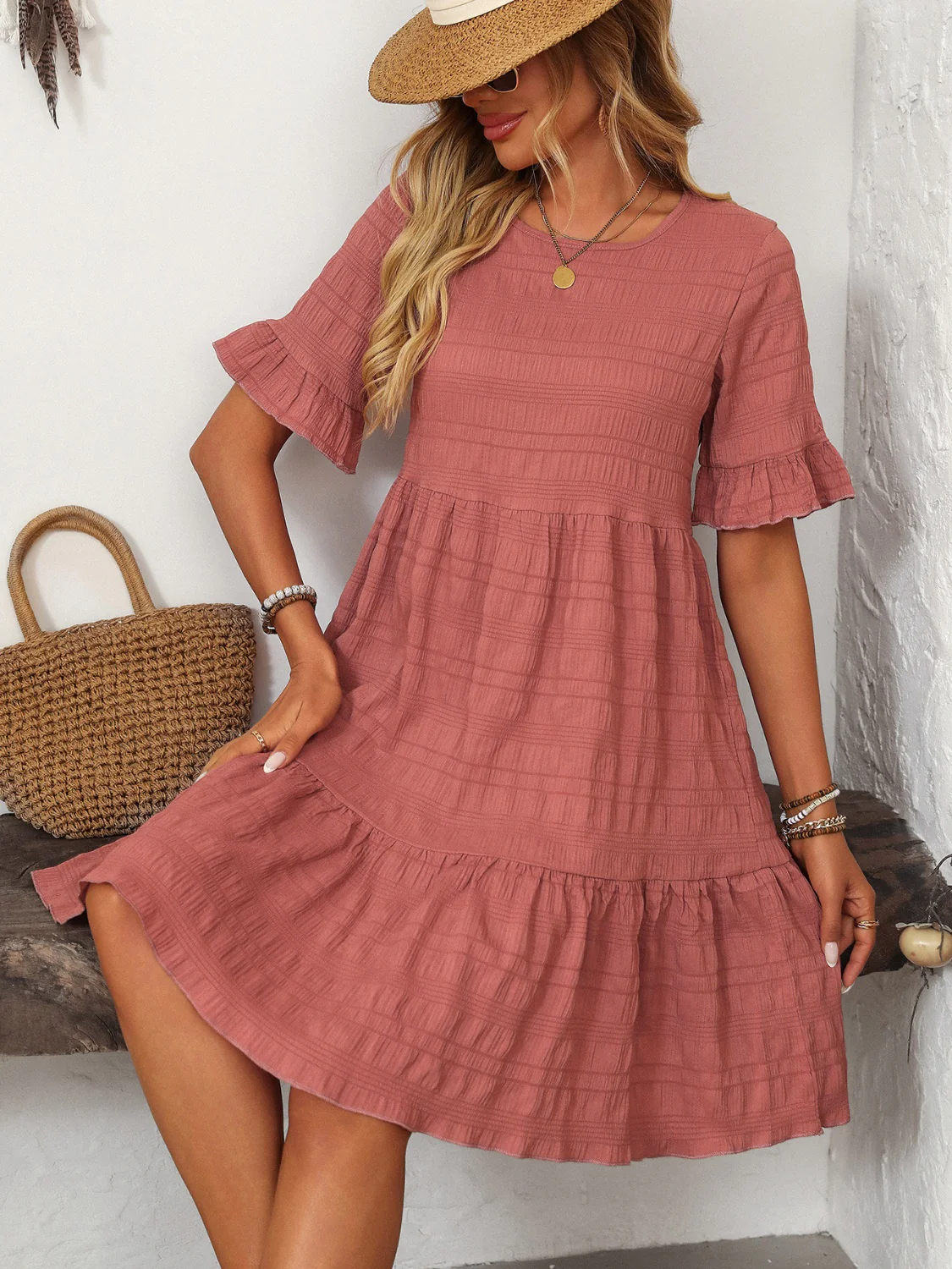 Mandy Ruffled Ruched Round Neck Half Sleeve Dress - Image 5