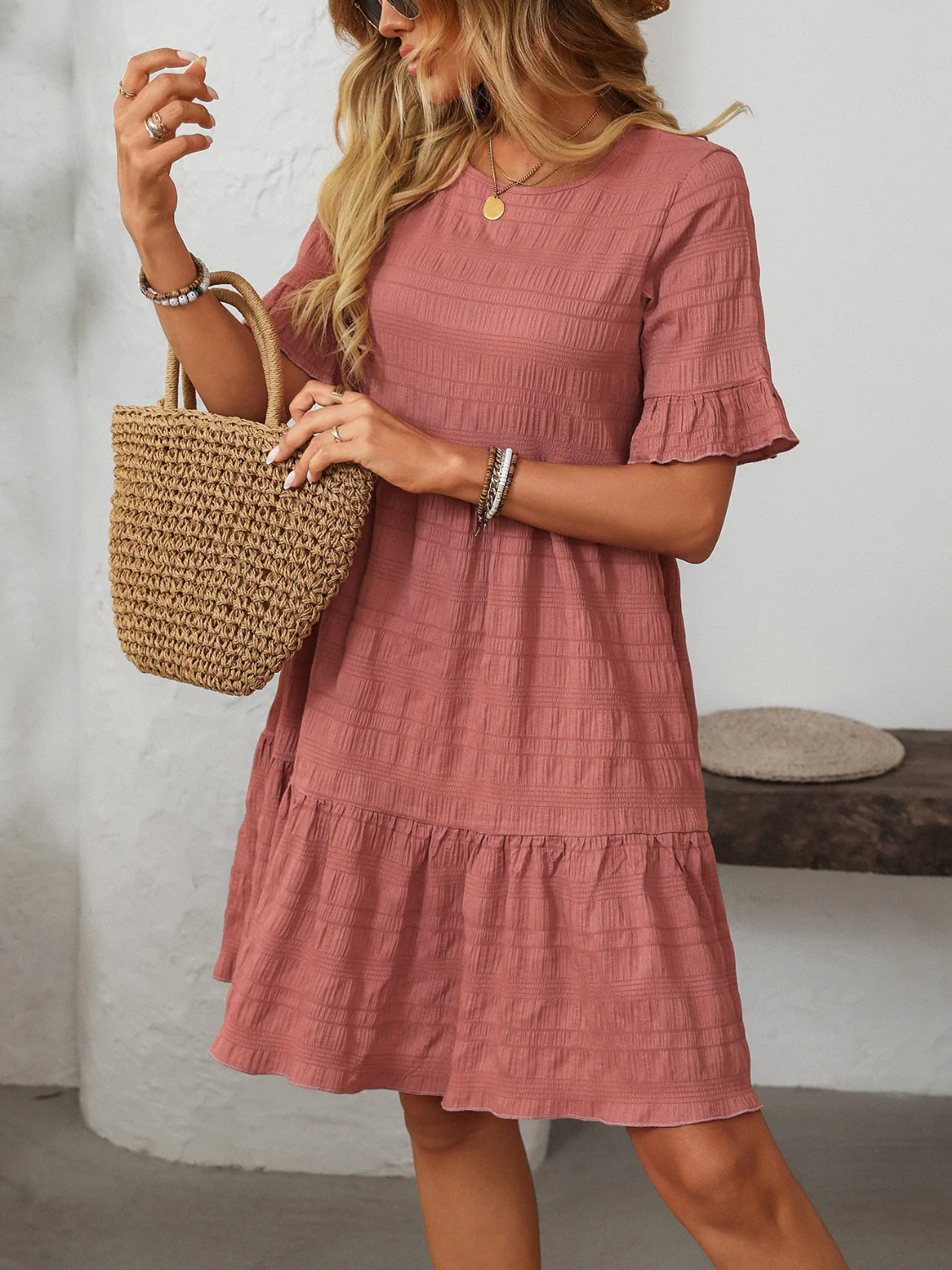 Mandy Ruffled Ruched Round Neck Half Sleeve Dress - Image 6