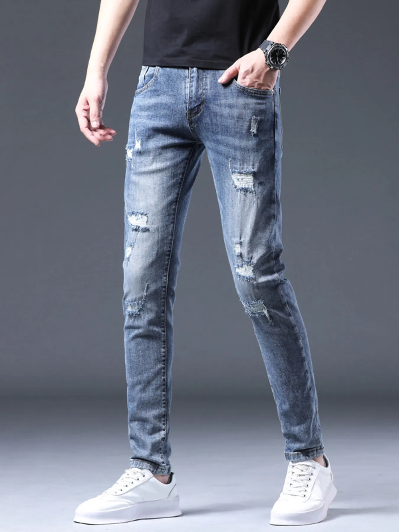Men's Distressed Slim Fit Ripped Jeans - Image 2