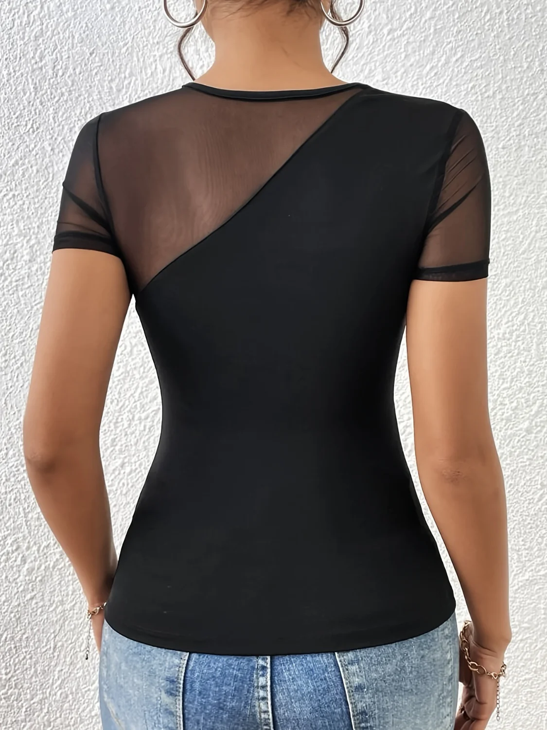 Mesh Patchwork Round Neck Short Sleeve Top - Image 5