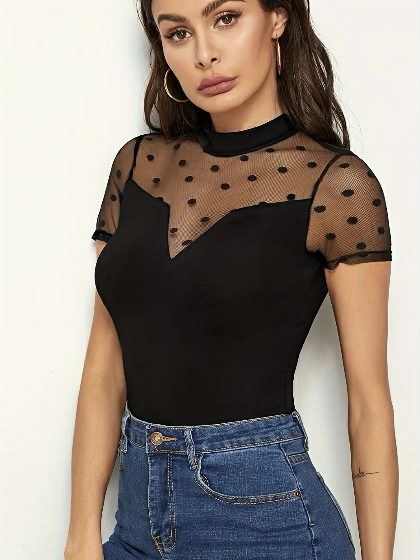 Mesh Polka Dot Mock Neck Top - Image 2
