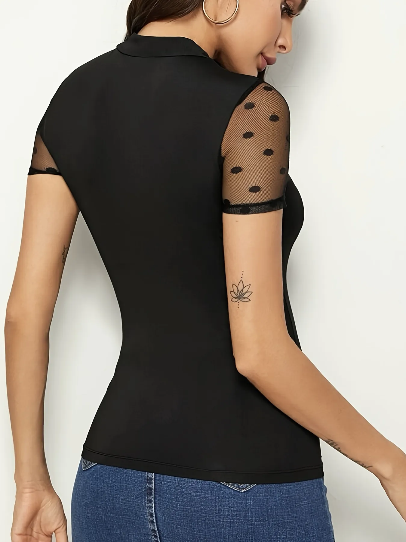 Mesh Polka Dot Mock Neck Top - Image 4