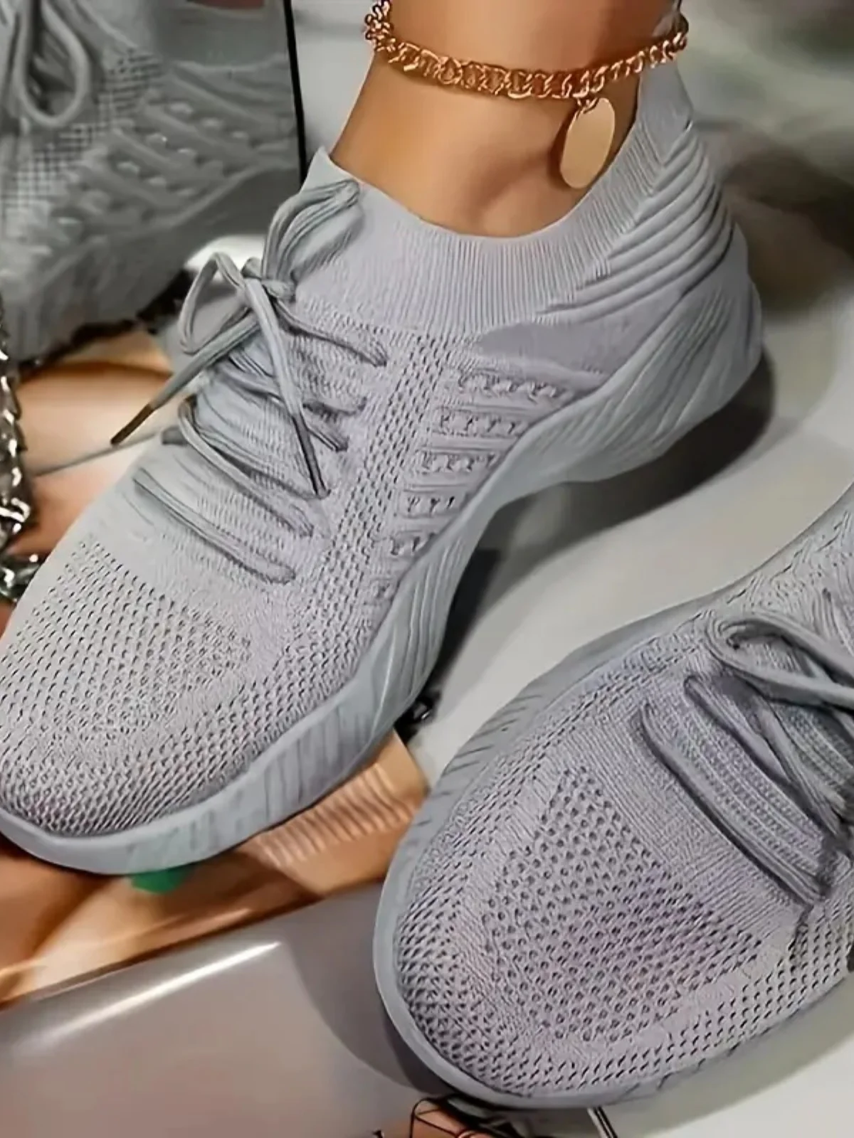 Mesh Round Toe Flat Athletic Sneakers - Image 2