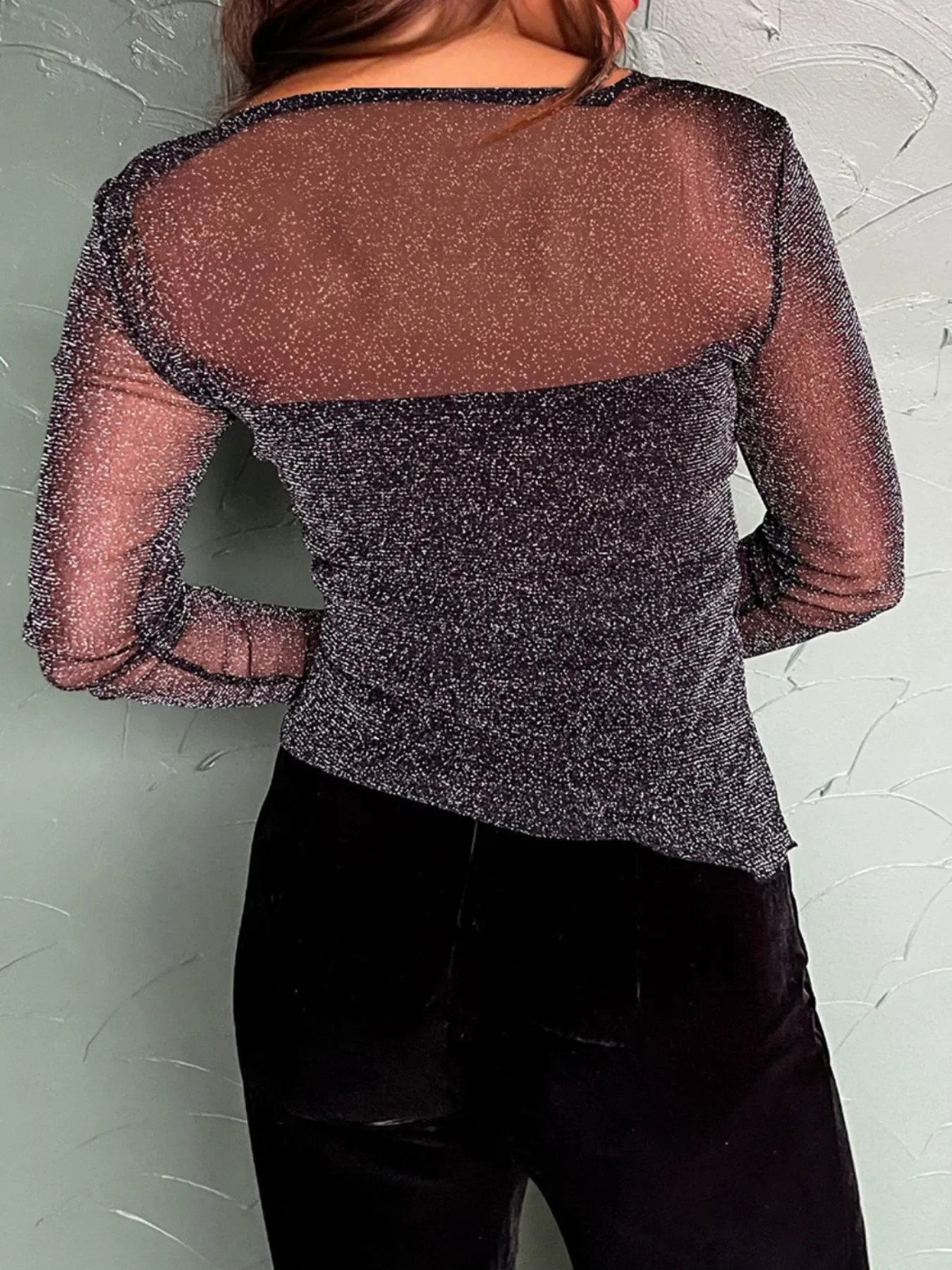 Metallic Glitter Mesh Long Sleeve Top - Image 2